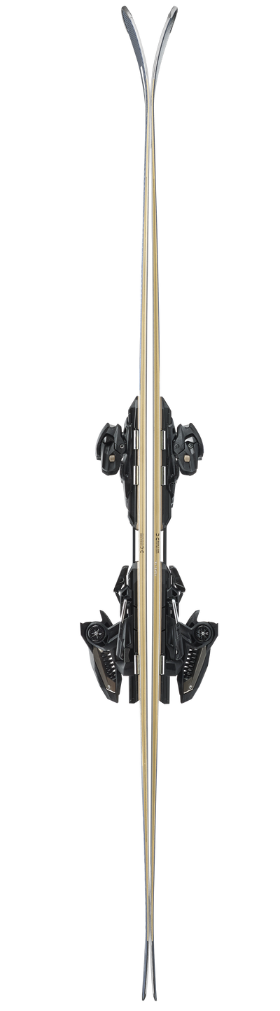 Pair of skis with bindings on a white background